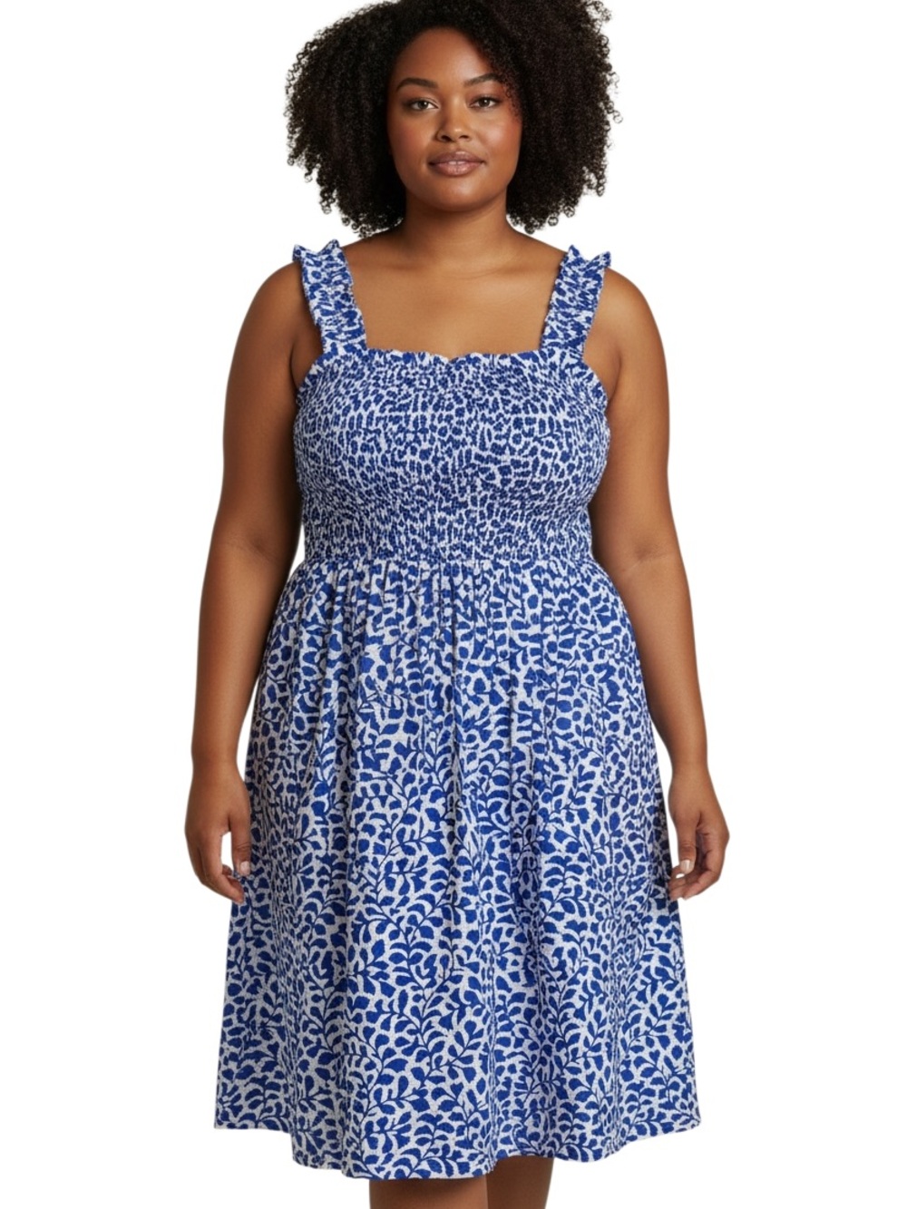 Time and Tru Blue and White Floral Smocked Midi Dress